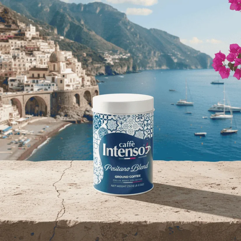 Caffe Intenso Positano Blend cafea măcinată cutie metalică 250 g – detaliu produs