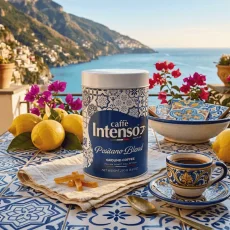 Caffe Intenso Positano Blend cafea măcinată cutie metalică 250 g – detaliu ambalaj