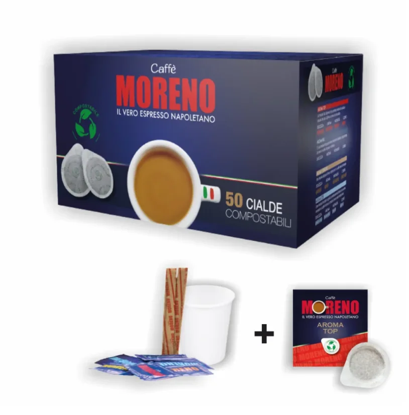 Caffe Moreno set paduri e.s.e. Aroma Top 50 buc. + pahar + paletină + zahăr Caffe Moreno set paduri e.s.e. Aroma Top 50 buc. + pahar + paletină + zahăr