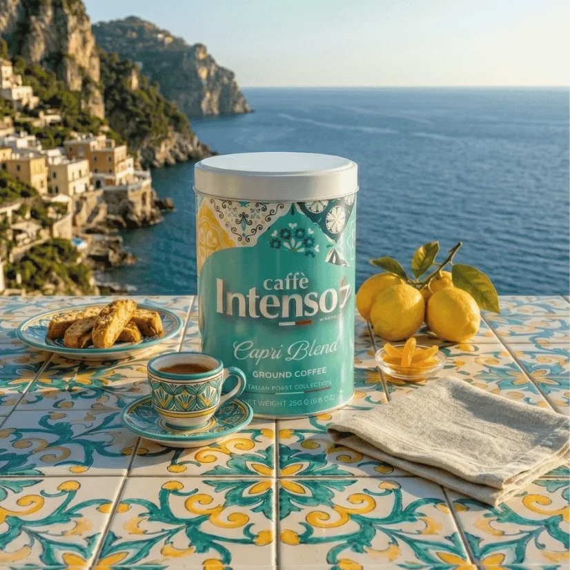 Caffe Intenso Capri Blend cafea măcinată cutie metalică 250 g – detaliu ambalaj