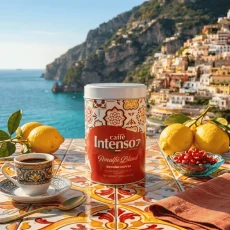 Caffe Intenso Amalfi Blend cafea măcinată cutie metalică 250 g – detaliu ambalaj